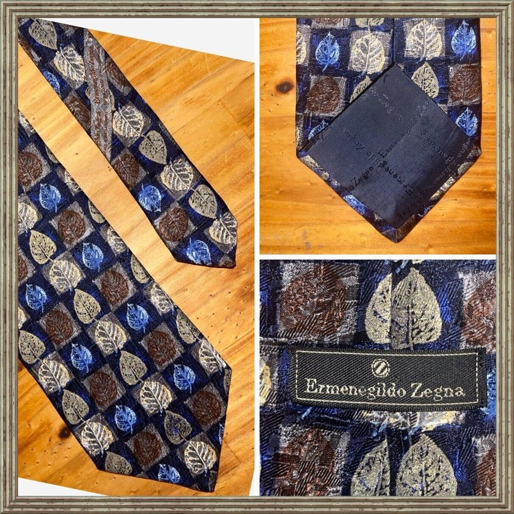 Ermenegildo Zegna Neck Tie Men Blue Gold Metallic Shimmer Leaves